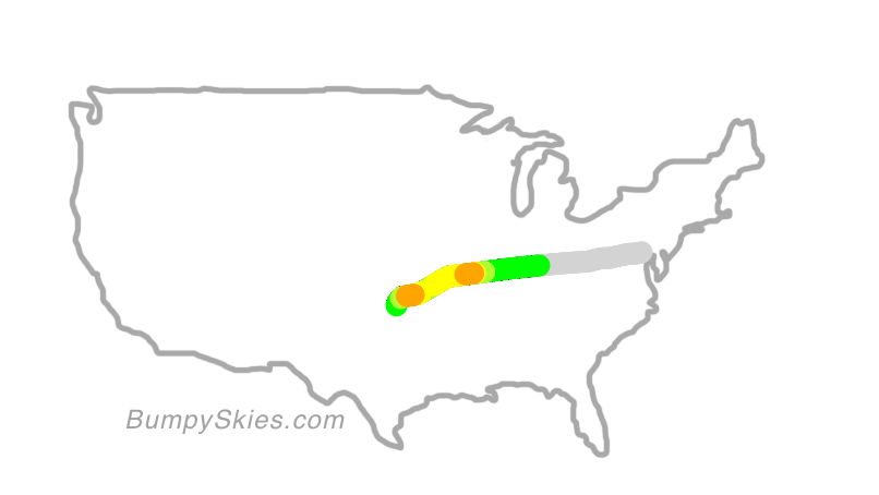 Map of continental US with illustrated flight path and turbulence forecast (described in text below)