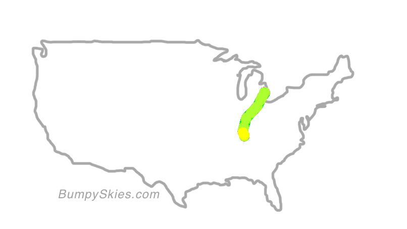 Map of continental US with illustrated flight path and turbulence forecast (described in text below)