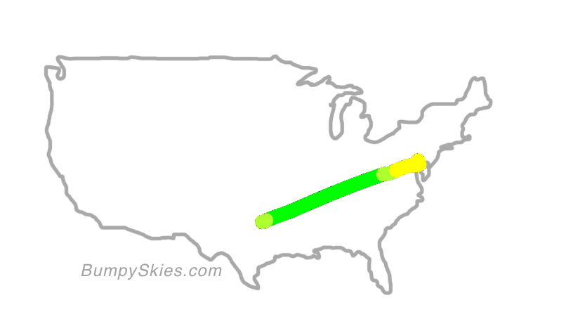 Map of continental US with illustrated flight path and turbulence forecast (described in text below)
