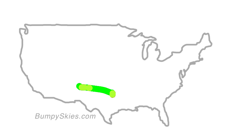 Map of continental US with illustrated flight path and turbulence forecast (described in text below)