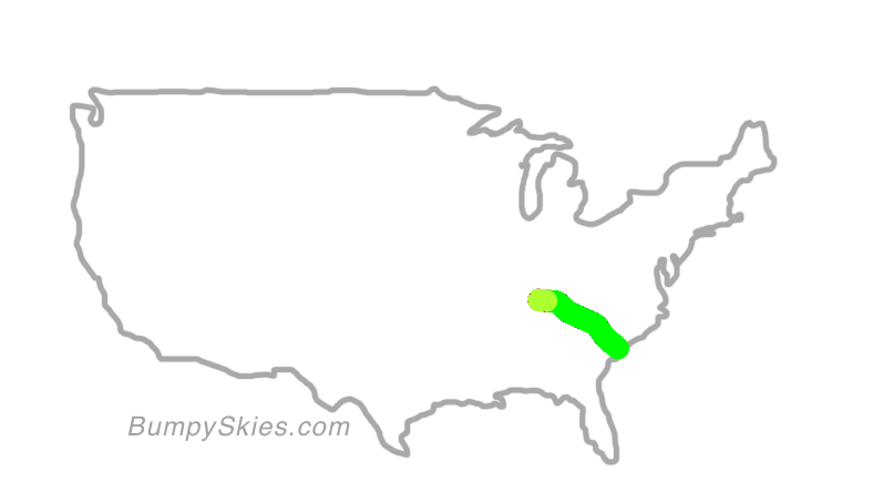 Map of continental US with illustrated flight path and turbulence forecast (described in text below)
