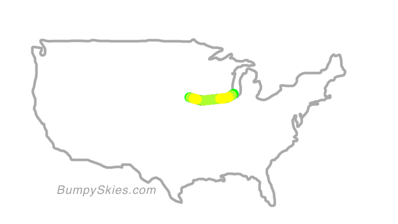 Map of continental US with illustrated flight path and turbulence forecast (described in text below)