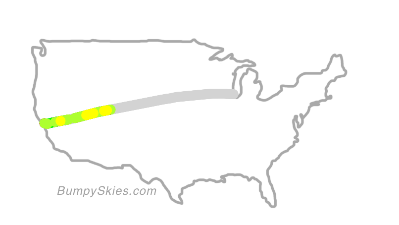Map of continental US with illustrated flight path and turbulence forecast (described in text below)
