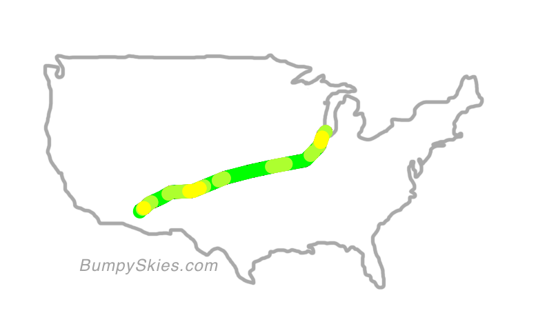 Map of continental US with illustrated flight path and turbulence forecast (described in text below)