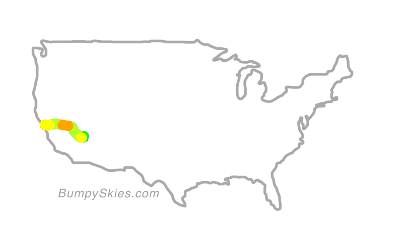 Map of continental US with illustrated flight path and turbulence forecast (described in text below)
