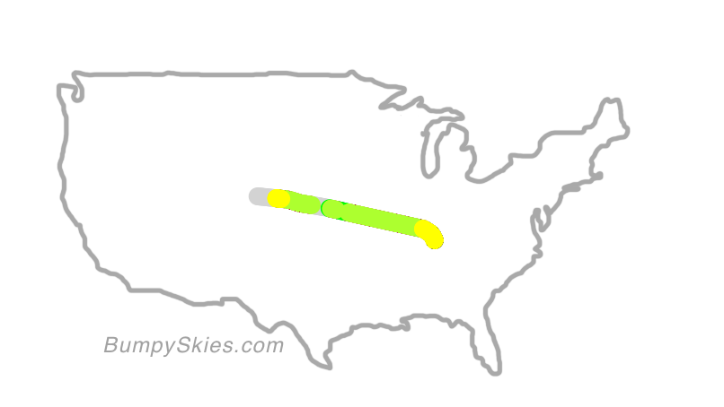 Map of continental US with illustrated flight path and turbulence forecast (described in text below)