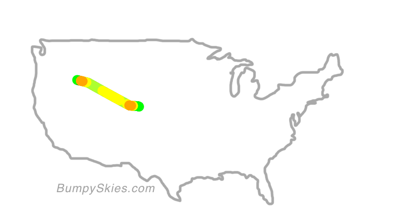 Map of continental US with illustrated flight path and turbulence forecast (described in text below)