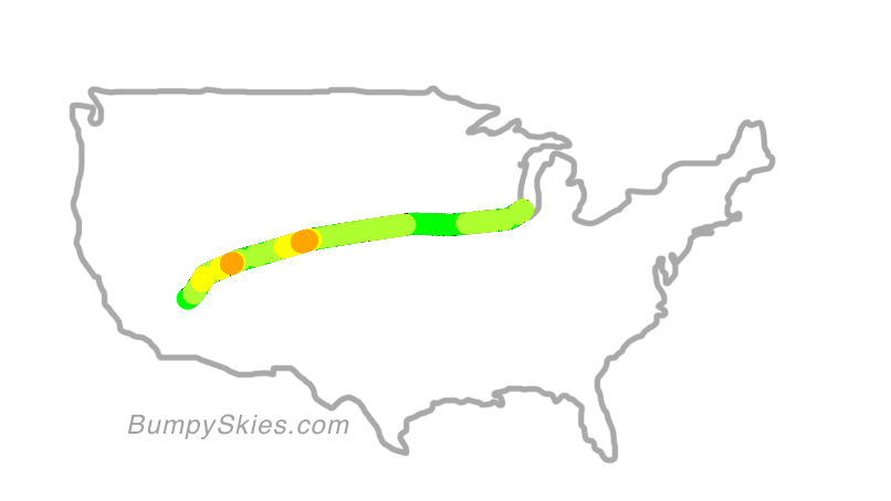 Map of continental US with illustrated flight path and turbulence forecast (described in text below)