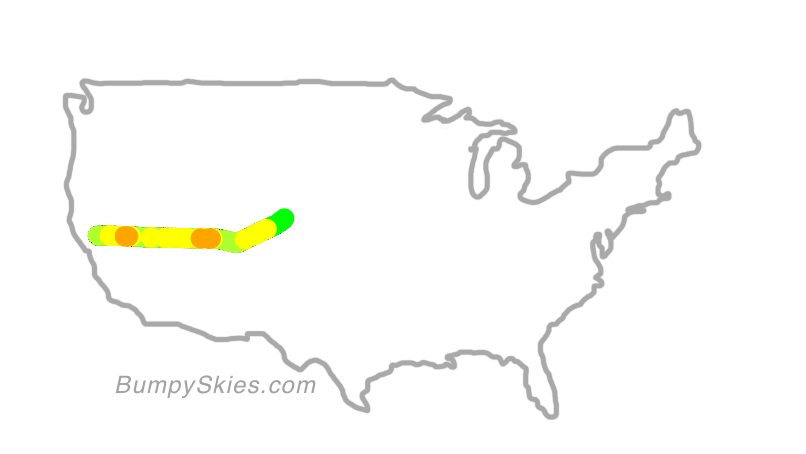 Map of continental US with illustrated flight path and turbulence forecast (described in text below)