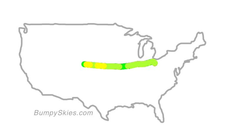 Map of continental US with illustrated flight path and turbulence forecast (described in text below)