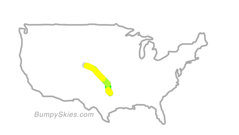Map of continental US with illustrated flight path and turbulence forecast (described in text below)