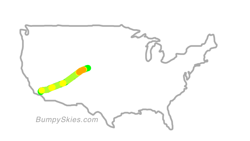 Map of continental US with illustrated flight path and turbulence forecast (described in text below)