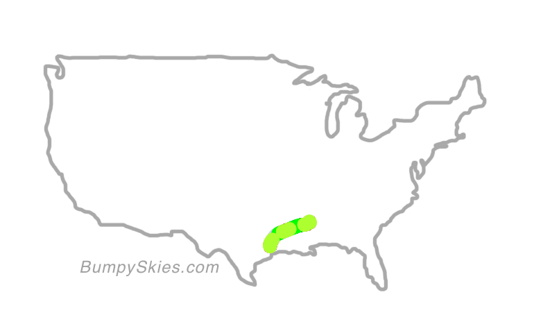 Map of continental US with illustrated flight path and turbulence forecast (described in text below)