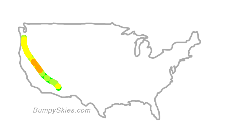 Map of continental US with illustrated flight path and turbulence forecast (described in text below)