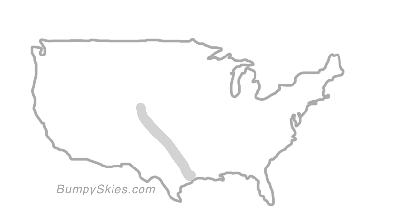 Map of continental US with illustrated flight path and turbulence forecast (described in text below)