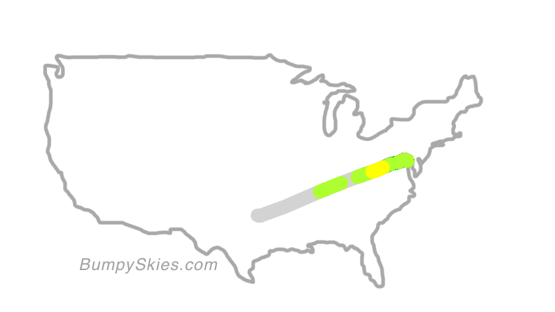 Map of continental US with illustrated flight path and turbulence forecast (described in text below)