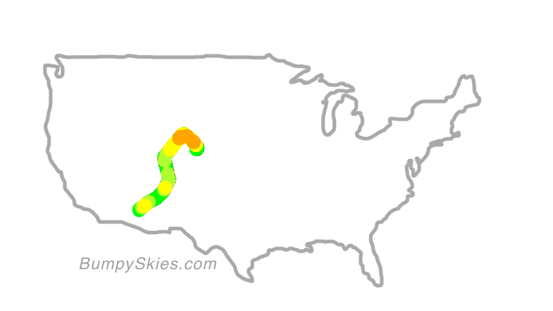 Map of continental US with illustrated flight path and turbulence forecast (described in text below)