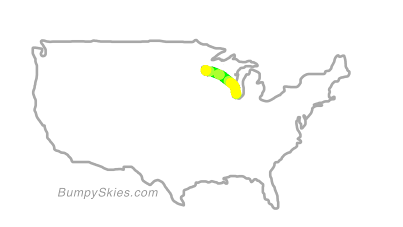 Map of continental US with illustrated flight path and turbulence forecast (described in text below)