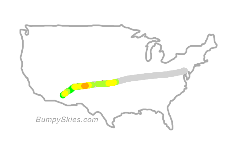 Map of continental US with illustrated flight path and turbulence forecast (described in text below)
