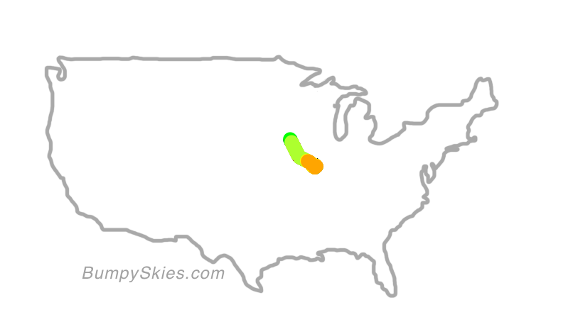 Map of continental US with illustrated flight path and turbulence forecast (described in text below)