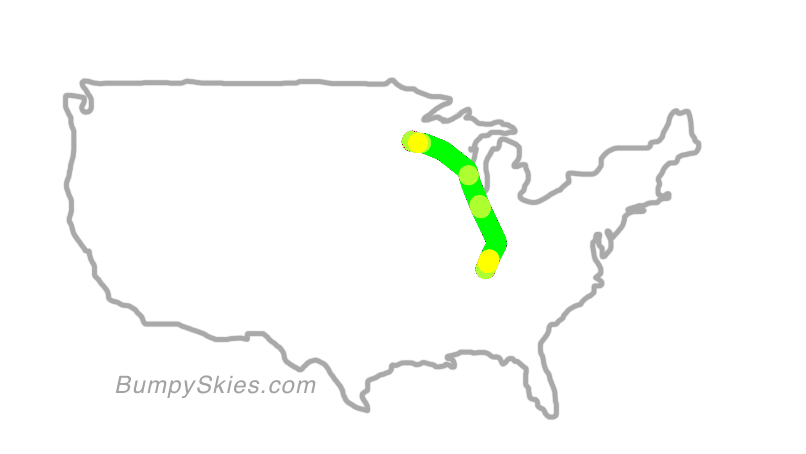 Map of continental US with illustrated flight path and turbulence forecast (described in text below)