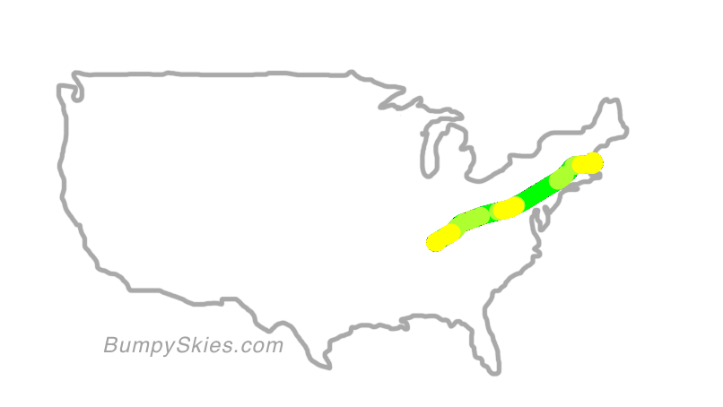 Map of continental US with illustrated flight path and turbulence forecast (described in text below)