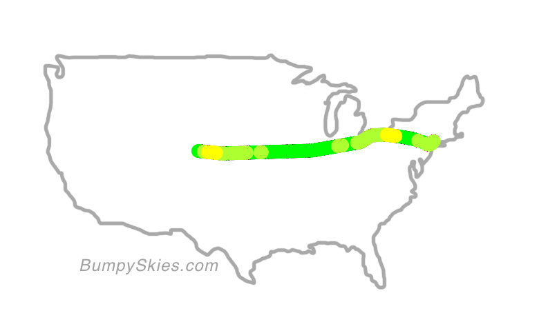 Map of continental US with illustrated flight path and turbulence forecast (described in text below)