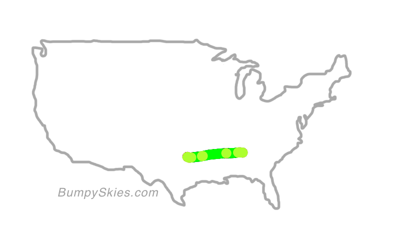 Map of continental US with illustrated flight path and turbulence forecast (described in text below)
