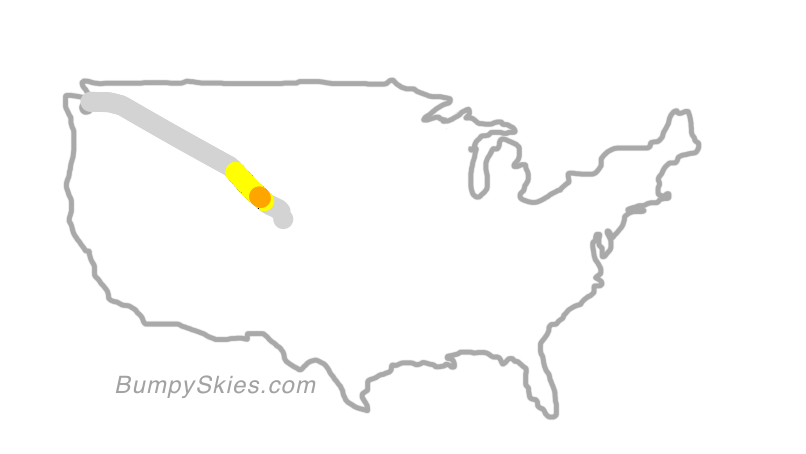 Map of continental US with illustrated flight path and turbulence forecast (described in text below)
