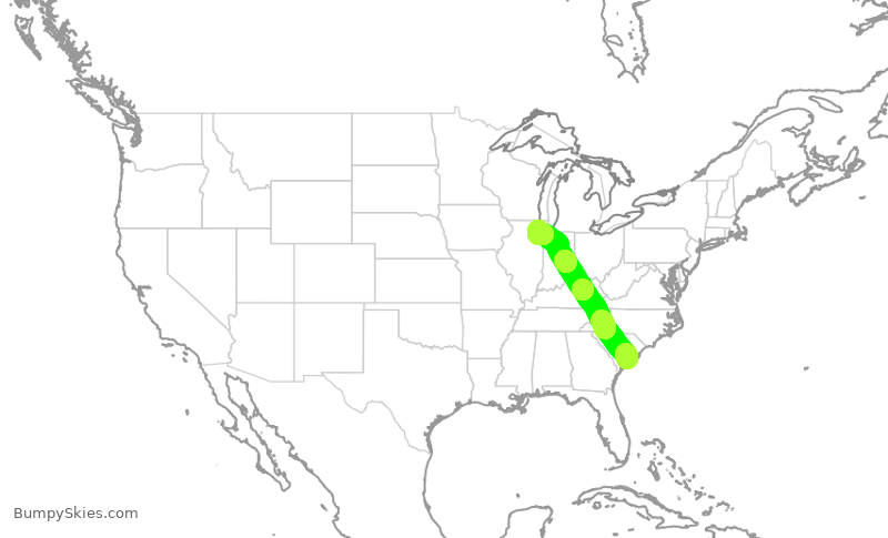 Turbulence forecast map for SWA1516, CHS to MDW