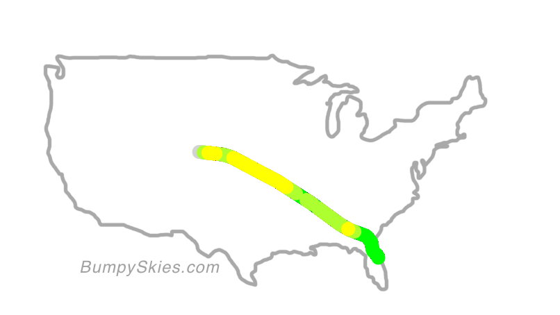 Map of continental US with illustrated flight path and turbulence forecast (described in text below)