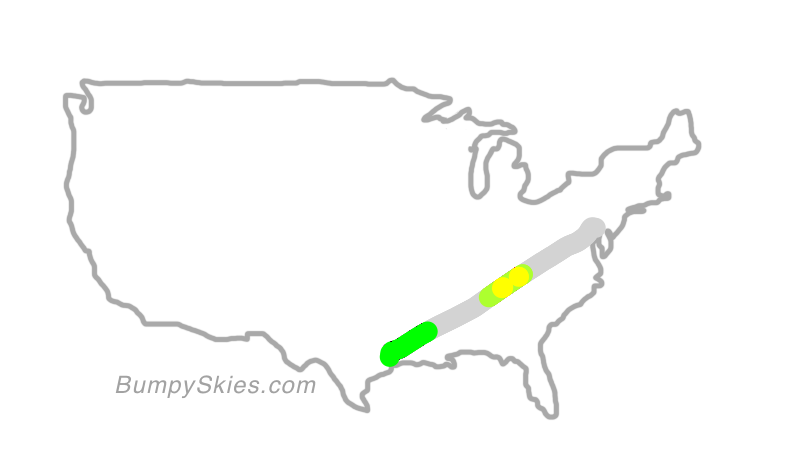 Map of continental US with illustrated flight path and turbulence forecast (described in text below)