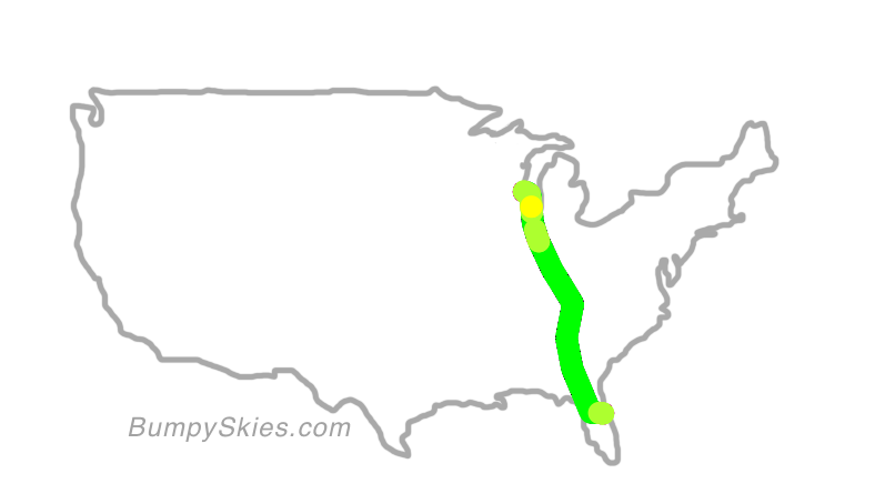 Map of continental US with illustrated flight path and turbulence forecast (described in text below)
