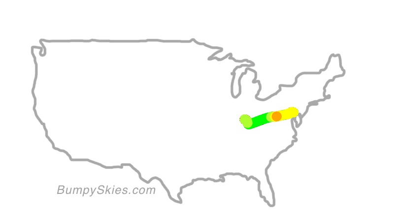 Map of continental US with illustrated flight path and turbulence forecast (described in text below)