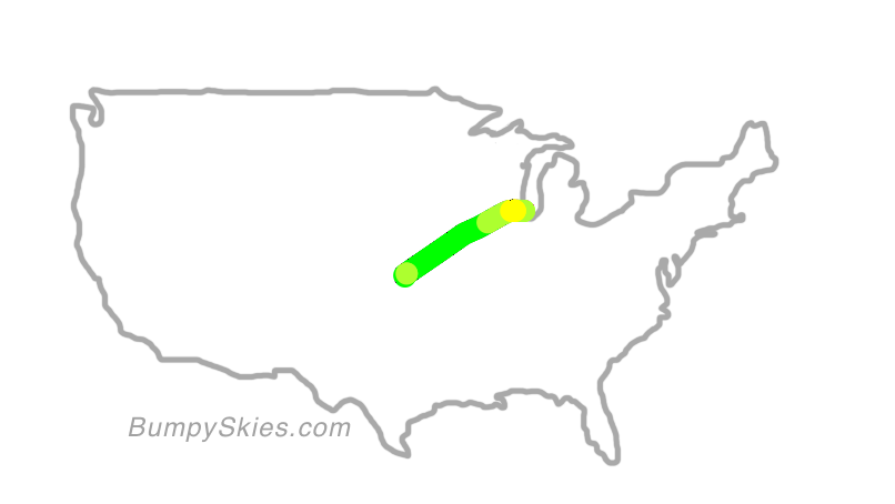 Map of continental US with illustrated flight path and turbulence forecast (described in text below)