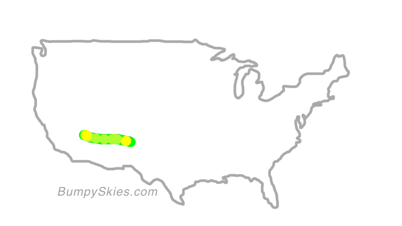 Map of continental US with illustrated flight path and turbulence forecast (described in text below)