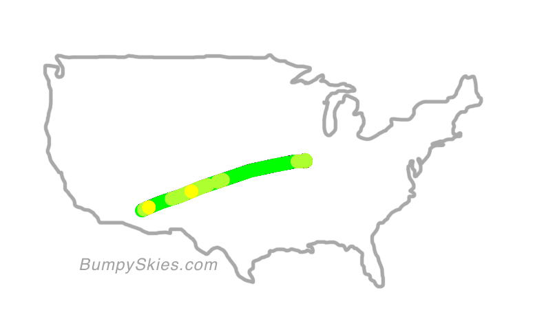 Map of continental US with illustrated flight path and turbulence forecast (described in text below)