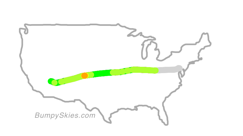 Map of continental US with illustrated flight path and turbulence forecast (described in text below)
