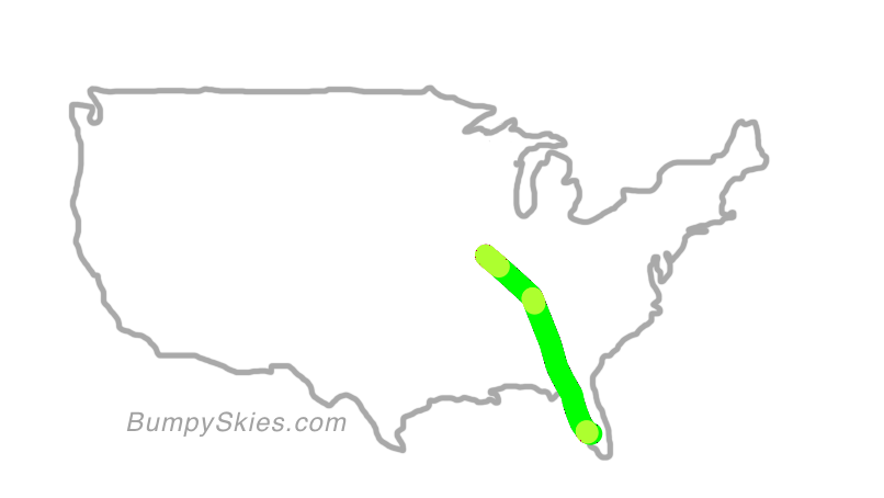 Map of continental US with illustrated flight path and turbulence forecast (described in text below)