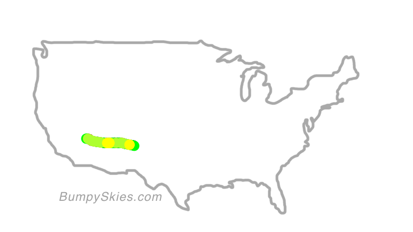 Map of continental US with illustrated flight path and turbulence forecast (described in text below)