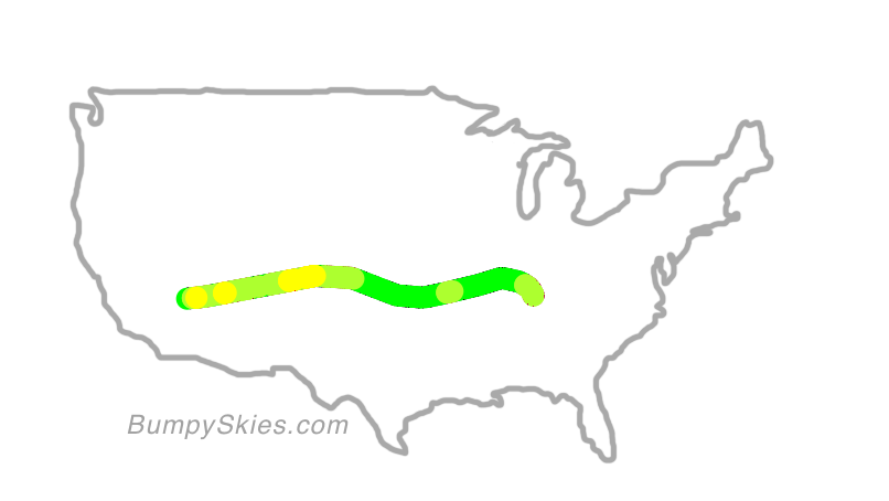 Map of continental US with illustrated flight path and turbulence forecast (described in text below)