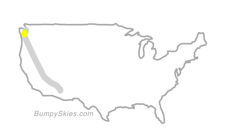 Map of continental US with illustrated flight path and turbulence forecast (described in text below)