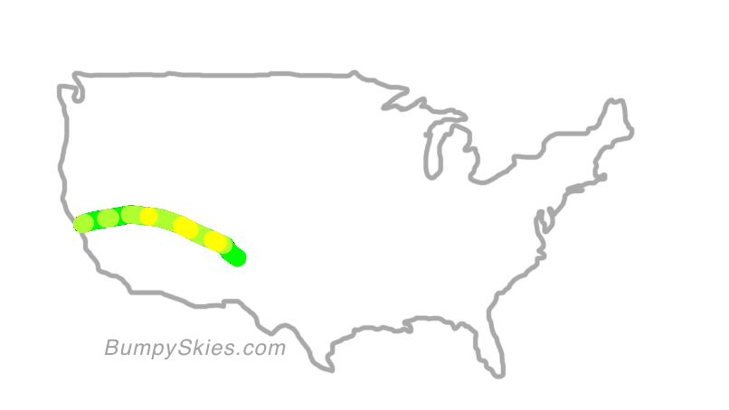 Map of continental US with illustrated flight path and turbulence forecast (described in text below)