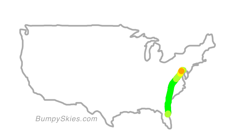Map of continental US with illustrated flight path and turbulence forecast (described in text below)