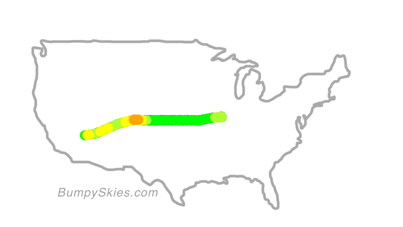 Map of continental US with illustrated flight path and turbulence forecast (described in text below)