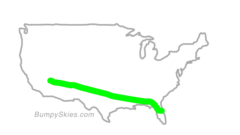 Map of continental US with illustrated flight path and turbulence forecast (described in text below)