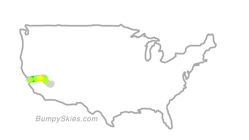 Map of continental US with illustrated flight path and turbulence forecast (described in text below)