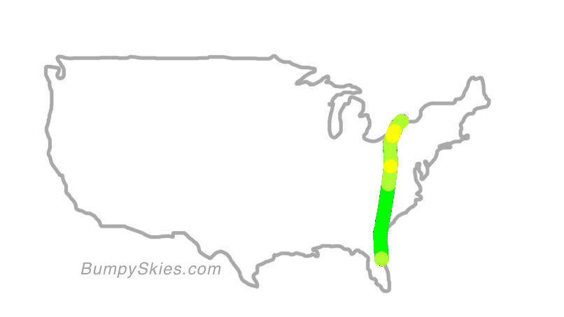 Map of continental US with illustrated flight path and turbulence forecast (described in text below)
