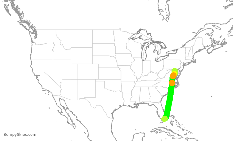 Turbulence forecast map for SWA1624, MIA to BWI