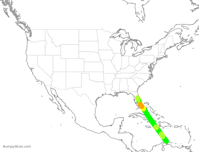 Turbulence forecast map for SWA1641, AUA to MCO